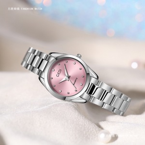 Reloj de pulsera de cuarzo elegante con esfera redonda y marcadores de cristal de acero inoxidable plateado para mujer - Product Image 6