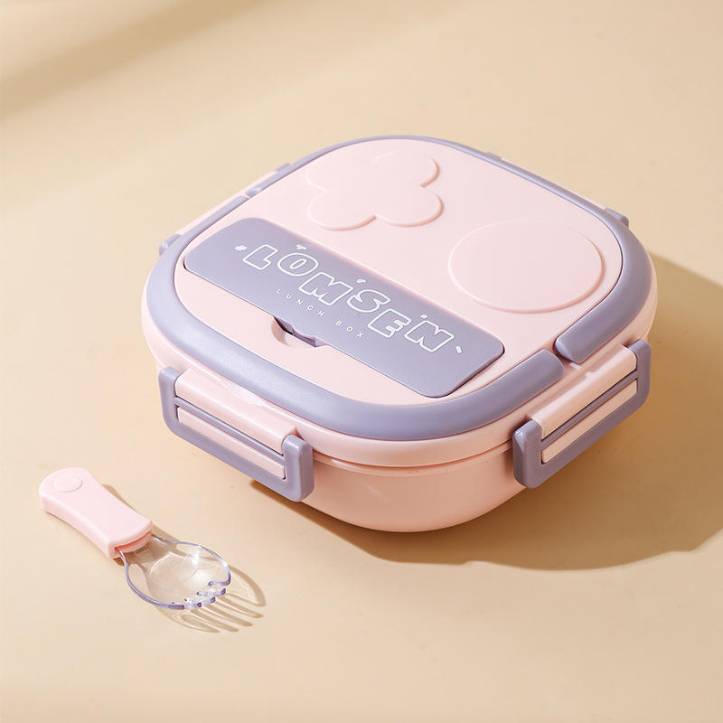 กล่องข้าวและช้อนสีชมพู