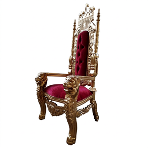 Sillón de Madera Maciza de Caoba Tallada a Mano, Estilo Antiguo, con Respaldo Alto, Color Rojo Oscuro Dorado, para Sala de Estar, Hotel o Villa - Product Image 1