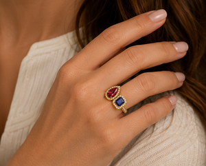 925 Sterling <b>Silver</b> Gold Plated Open <b>Ring</b> with Pear Cut Red CZ & <b>Emerald</b> Cut Blue CZ Halo Design for Women - Product Image 4