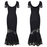 Robe midi sirène en maille à col rond et manches courtes, ajustée, avec empiècements en dentelle, pour femme, collection été