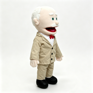 Marioneta de peluche de abuelo con bigote de pelo blanco, traje beige, pajarita roja, juguete de peluche suave para niños de 3 años en adelante - Product Image 1
