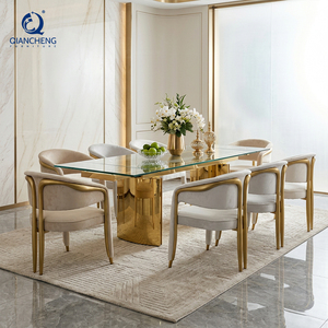Mesa <span class=keywords><strong>de</strong></span> Comedor Extensible <span class=keywords><strong>de</strong></span> Vidrio Templado Transparente Moderno con Acabado Dorado <span class=keywords><strong>de</strong></span> Acero Inoxidable para <span class=keywords><strong>Muebles</strong></span> <span class=keywords><strong>de</strong></span> Hogar, Venta al Por Mayor <span class=keywords><strong>de</strong></span> Fábrica - Product Image 3