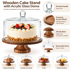 Acacia Wood Footed Round Wooden Bamboo Server Tray <strong>Cake</strong> <strong>Stand</strong> <strong>with</strong> Acrylic <strong>Glass</strong> <strong>Dome</strong> - Product Image 3