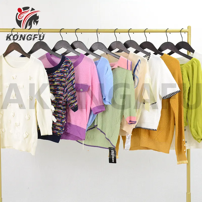 AKONGFU waffle knit t-shirt second hand women's blouses shirt sused clothes polo spinning top used woman clothes Apparel Stock