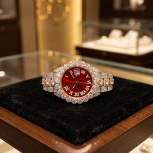 Reloj de Lujo con Esfera Roja y Pedrería, Movimiento de Cuarzo Analógico, Números Romanos, Correa de Acero Inoxidable, Cierre Desplegable, 40 mm - Product Image 3
