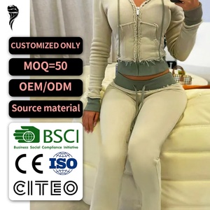 Ensemble sweat à capuche et pantalon de survêtement décontracté pour femme, avec logo personnalisé OEM, de haute qualité, délavé, avec fermeture éclair, couleur unie, effet vieilli, 100% coton, écologique - Product Image 1