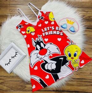 ชุดนอนสตรีผ้าโพลีเอสเตอร์ลายการ์ตูนผ้าซาตินเอวยางยืดแบบลำลองขนาดพลัสไซส์สำหรับฤดูร้อน - Product Image 4