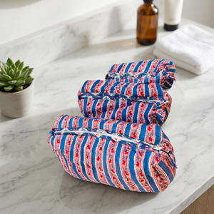 Juego de Bolsas Cosméticas de Algodón Acolchado con Estampado Artesanal Indio, Bolsa de Maquillaje con Rayas Florales Azules y Rosas, Venta al Por Mayor - Product Image 1