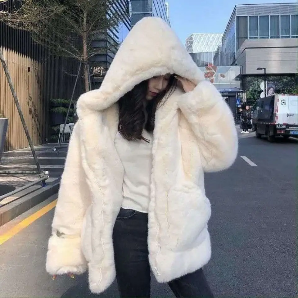 Winter Warm Thick Jacket Furry Overcoat Women Plush Hooded Cardigan Faux Rabbit Fur Loose Clothing Coat
