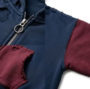 Sweat à capuche zippé surdimensionné avec logo personnalisé, effet vieilli, lavage vintage, blocs de couleur, strass, 400 GSM, pour homme, style streetwear Y2K - Product Image 5