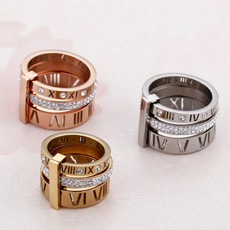 Cz zircônia anel numeral romano para mulheres, meninas, banda de casamento, anéis de aço inoxidável