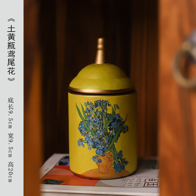 Tarro de té, botella color amarillo tierra, iris.