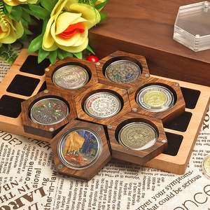 Ebony Hexagonal Commemorative Coin Box Wooden Badge Display Rack Medal <strong>Acrylic</strong> Cover Magnetic <strong>Storage</strong> Box - Product Image 1