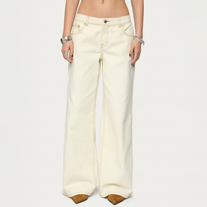 Jeans da Donna Personalizzati OEM in <span class=keywords><strong>Ecru</strong></span> Bianco con Cuciture a Contrasto e Gamba Dritta per Primavera Estate - Product Image 5