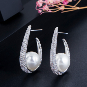 American Gold Plated Cubic Zirconia <strong>U</strong> <strong>Shape</strong> Hoop Bridal <strong>Earrings</strong> with Round Imitation Pearl Women <strong>Earrings</strong> Jewelry for Wedding - Product Image 6