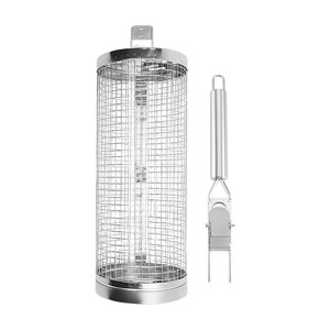 Cesta de asar rodante de acero inoxidable <span class=keywords><strong>con</strong></span> asa, rejilla cilíndrica de malla de alambre para vegetales y carne, para camping y barbacoa al aire libre - Product Image 2