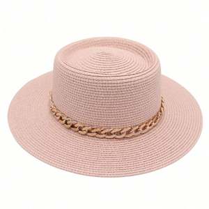 Chapeau de paille style Hepburn français pour l'été, la plage et l'extérieur, protection solaire, nouveau modèle printemps-été avec chaîne dorée - Product Image 4