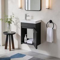 Rak wastafel kamar mandi hitam mengambang 16 inci dengan kombinasi wastafel, pintu kabinet soft close terintegrasi wastafel keramik putih