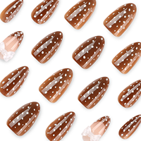 Faux ongles marron amande à presser avec pois blancs et motif nœud, embouts brillants réutilisables pour fêtes, rendez-vous, mariages, manucure 4562