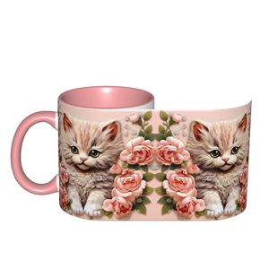 Mug en céramique cinq couleurs, motif chaton mignon avec roses roses, entièrement sublimé, avec poignée, réutilisable, pour usage domestique - Product Image 5