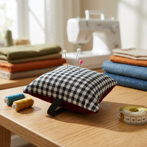 Coussinets à épingles carrés AA0204 avec bande élastique | Coussin à épingles carré à carreaux avec bande élastique et bordure rouge, accessoire de couture - Product Image 2