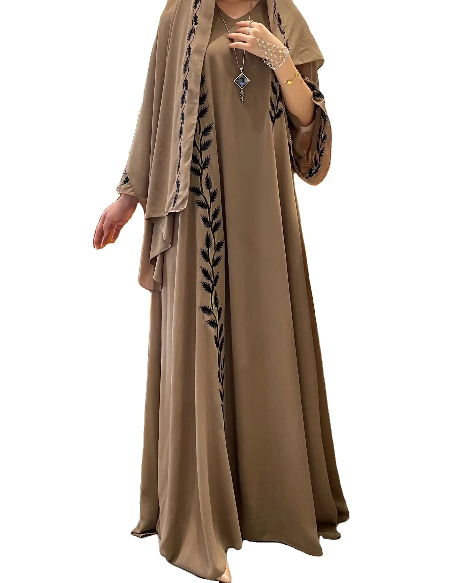 Gaun panjang bordir pola tanaman leher kru sifon mode gaun panjang Dubai Timur Tengah Abaya