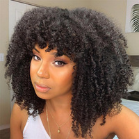 Perruque afro bouclée crépue à haute densité en gros à bas prix avec frange, perruques en cheveux humains vierges sans dentelle pour femmes, perruques courtes de style bob