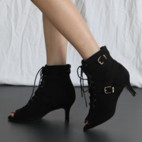 Nouvelles bottes de jazz montantes en daim noir pour femme 2026, à lacets, avec boucle métallique, chaussures de danse latine, semelle entièrement en caoutchouc pour hip-hop 7 cm