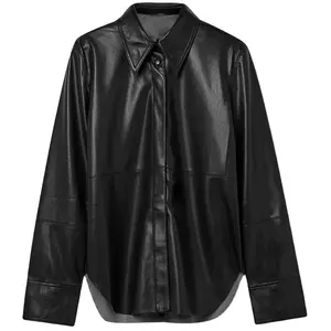 Wholesale PU Leather Jackets Blouses 2022 Spring Autumn Black Faux Leather Basic Coat Turn-down Collar Motor Biker Jacket