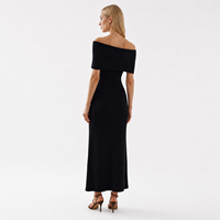 Robe longue côtelée noire personnalisée pour femme, coupe ajustée, épaules dénudées, manches courtes, OEM ODM