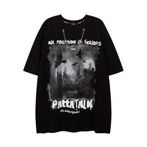 Fashion Oversize T Shirt Black White Front Graffiti Pattern with Eyelet Chain Back Letter Pattern Unisex Loose T-shirt