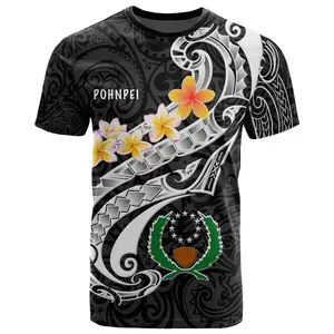 Printed Pohnpei T Shirt For Men Factory Supply Custom Logo Pohnpei Seal Polynesian Patterns Plumeria Black Women's T-shirts