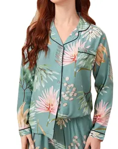 OEM Custom Bamboo Viscose High Quality Casual Fashion Floral Print Long Pajama 2 Piece Set Sleepwear