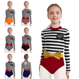 Maillot de Gimnasia para Niñas, a Rayas, Manga Larga, Cuello Alto, con Lazo, para Práctica, Personalizable - Product Image 1
