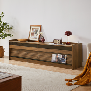 Meuble TV moderne pour salon, grand rangement, design à 4 tiroirs, verre trempé, ports de charge intégrés, éclairage LED ambiant, compatible avec les téléviseurs de 75 pouces et plus - Product Image 1