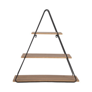 Mensola triangolare da parete con struttura in metallo a tre livelli e espositore in legno per soggiorno o camera da letto - Product Image 1