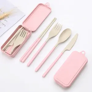 Portable Detachable 4PCS Spoon Fork Knife Chopsticks Set Wheat Straw Flatware 4pcs Folding Portable Cutlery Set With Case