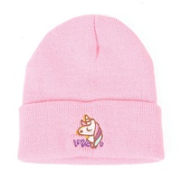 Topi Beanie akrilik 100% topi musim dingin anak uniseks lucu logo bordir kustom dengan desain hewan Unicorn Jacquard