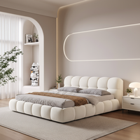 Lit en tissu Biya, luxe léger, style italien minimaliste moderne, technologie anti-rayures, design crème, structure à pression d'air, bois de chêne