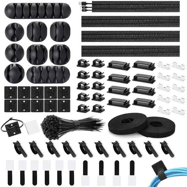 Jiaen 173Pcs Plastic Multi-Purpose Self-Adhesive Cable Management Organizer Kit with Cable Ties for Home Office Kitchen Black