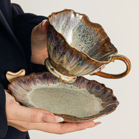Tasse à café et soucoupe en céramique émaillée en forme de pétale, poterie artisanale rétro, mug pour le thé de l'après-midi