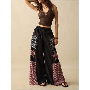 Pantalones Palazzo de Pierna Ancha para Mujer, Estilo Vintage, con Parches a Cuadros y Estrellas, Cintura Elástica, Corte Holgado, Transpirables - Product Image 4