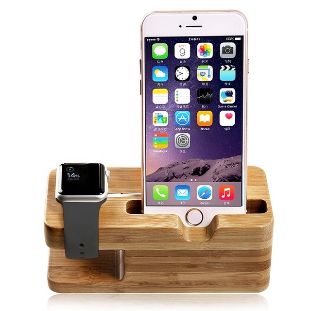 2 in 1 Bamboo Wood Desktop Stand for iPhone Android Phone Stand Holder Charger Charging Dock Station for Apple Watch