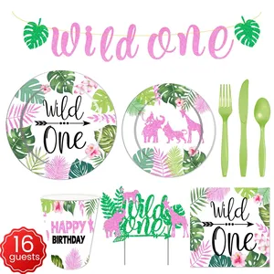Hstyle Wild One Green Pink Birthday Decorations Jungle Theme Party Supplies Including Cups Banner for Baby Girl Shower Party