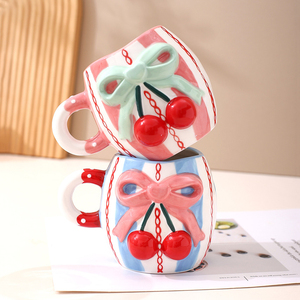 Creative Embossed 3d Cherry Ceramic Coffee Cup Cute Bow Tie Ceramic Mug for Girls - Product Image 5