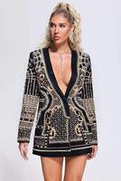 Blazer de luxe noir perlé, veste à sequins épais, broderie de perles, col en V, manches longues, manteau de soirée vintage pour femme