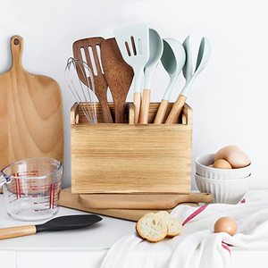Caja de almacenamiento de utensilios de madera con divisores, organizador de cocina multifunción, soporte para cubiertos, herramientas de cocina y vajilla - Product Image 1