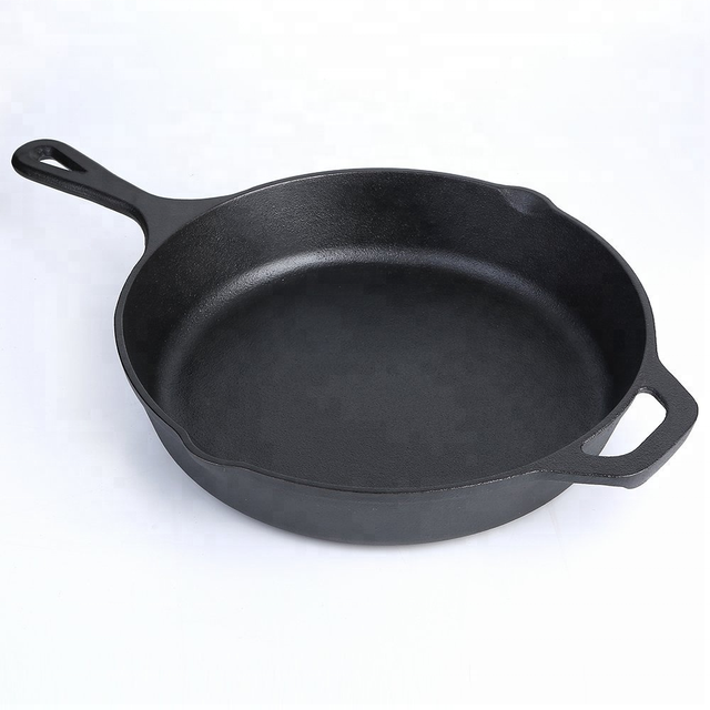 Pre-seasoned Black Cast Iron Frying Pan with Two Iron Handles Flat Bottom Country Style for Gas and Induction Cookers