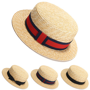 Unisex yaz düz üst Skimmer <span class=keywords><strong>Boater</strong></span> şapka yeni stil doğal buğday samanı açık disket Sombrero toptan yapımı çim şapka - Product Image 2